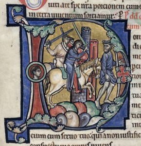 David, on foot, fleeing from Absalom and two companions on horseback, with upraised swords. BL Harley 2895 f.81v. [Source]