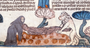 The monk Zosimus and a lion carry Mary to her grave. Smithfield Decretals. BL Royal 10.E.iv f.288. [Source]