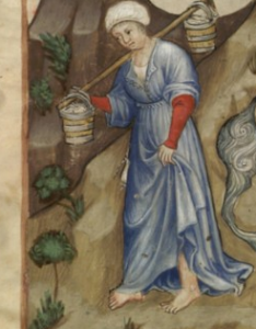 Woman carries water using shoulder yoke. 15th c., Italy. BnF NAL 1673.