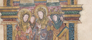 Female saints wearing double veils. From the Benedictional of St Æthelwold, late 10th c. BL Ms ADD 49598, f.2